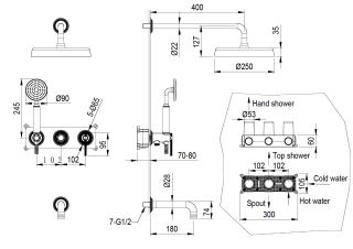 Смеситель встроенный Boheme + верхний + ручной душ + излив, ETERNA BRONZE бронза