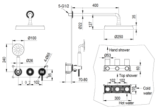Смеситель встроенный Boheme + верхний+ ручной душ, ETERNA BRUSHED BRONZE брашированная бронза