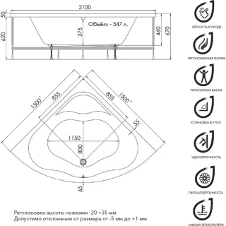 Акриловая ванна 1ACReal Moscow Щ0000028759 обрезанная 150 см белый