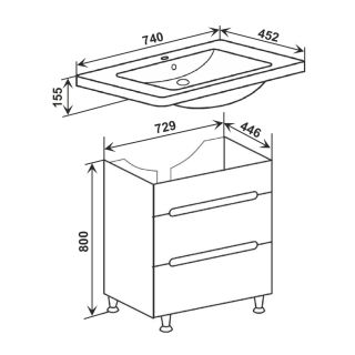 Тумба под раковину Runo напольная 2 ящика (под умывальник Omega 75) Парма 75 (00000001141)