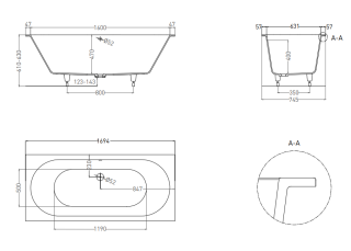 Ванна из искусственного камня Salini Ornella Axis S-Sense 103413GRH 170x75см RAL снаружи