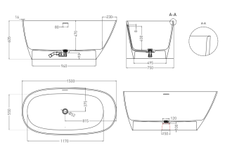 Ванна из искусственного камня Salini Sofia S-Sense 102518GRH 150x75см RAL снаружи