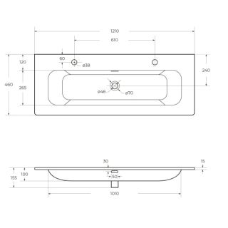 Раковина керамическая с двумя отверстиями под смеситель CEZARES 120 см, CZR-8073-120-1-2