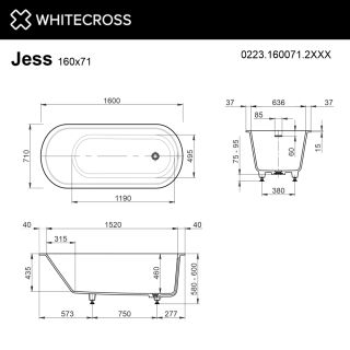 Ванна из искусственного камня WHITECROSS Jess 0223.160071.2XXXX 160x70 см RAL мат