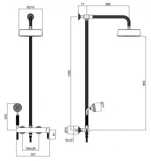 Душевая стойка со смесителем для верхнего и ручного душа, золото Cezares OLIMP-CD-03/24-L