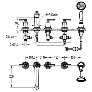 Смеситель на борт ванны Swedbe Terracotta Art 2508 на пять отверстий бронза