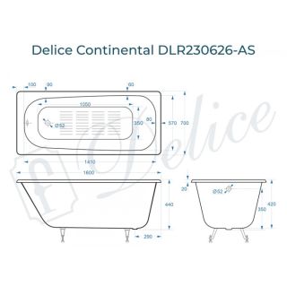 Ванна чугунная Delice Continental  DLR230626-AS 160х70 с антискользящим покрытием