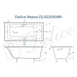 Ванна чугунная Delice Repos DLR220508RB 170х70 с черными матовыми ручками