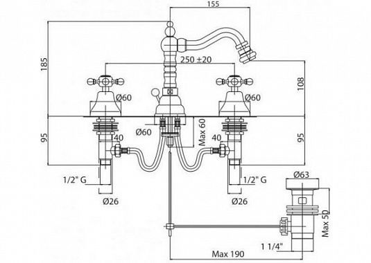 Смеситель для биде на три отверстия, золото Cezares LORD-BBS2-03/24