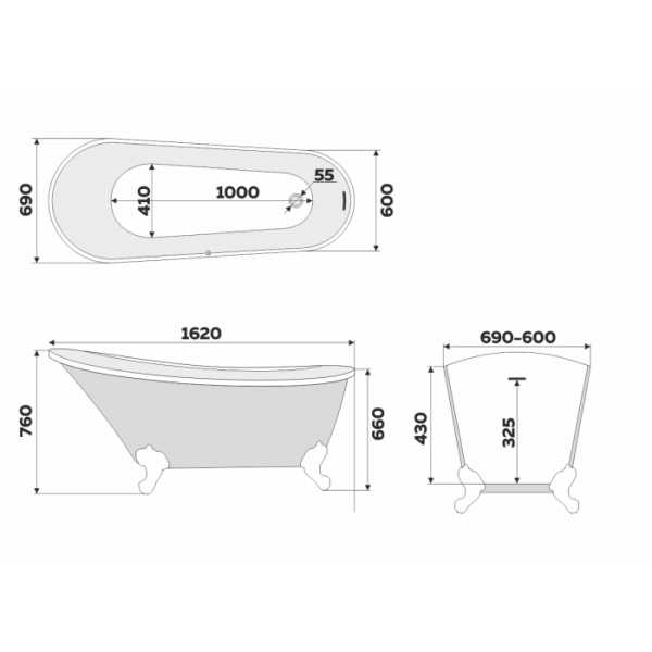 Ванна акриловая Delice Vintage DLR440105Gr 162х69 серая матовая